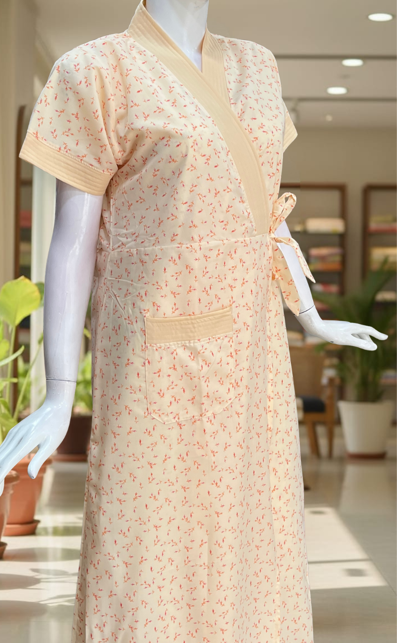 Peach Leafy 2-Piece Boutique Cotton House Coat & Nighty Set| Laces and Frills