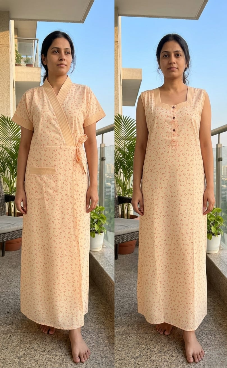 Peach Leafy 2-Piece Boutique Cotton House Coat & Nighty Set| Laces and Frills