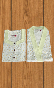 Yellow Leafy 2-Piece Boutique Cotton House Coat & Nighty Set| Laces and Frills