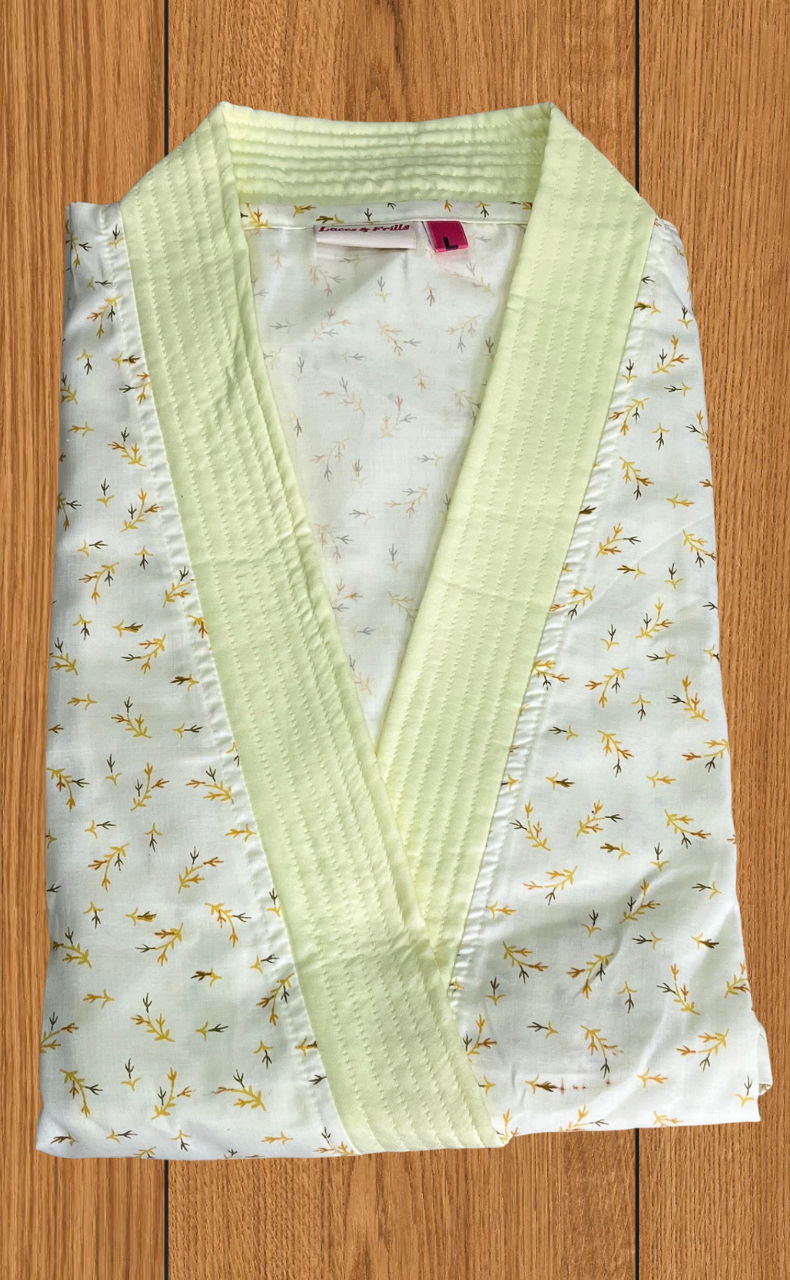 Yellow Leafy 2-Piece Boutique Cotton House Coat & Nighty Set| Laces and Frills