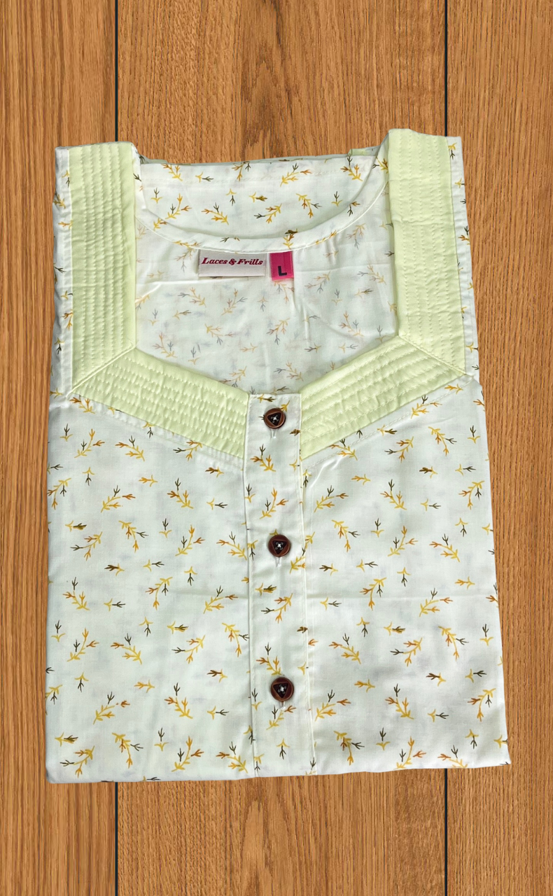 Yellow Leafy 2-Piece Boutique Cotton House Coat & Nighty Set| Laces and Frills