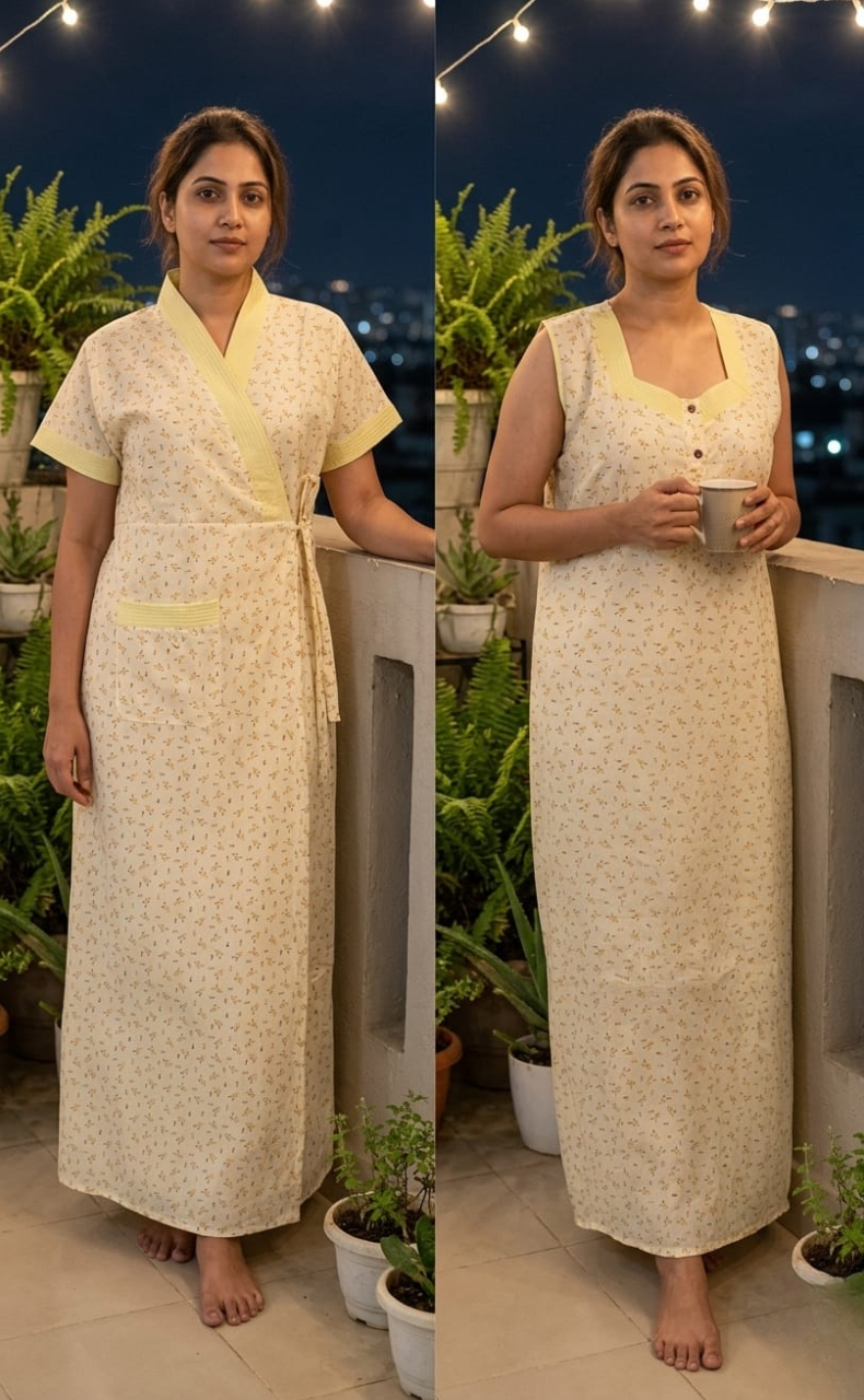 Yellow Leafy 2-Piece Boutique Cotton House Coat & Nighty Set| Laces and Frills