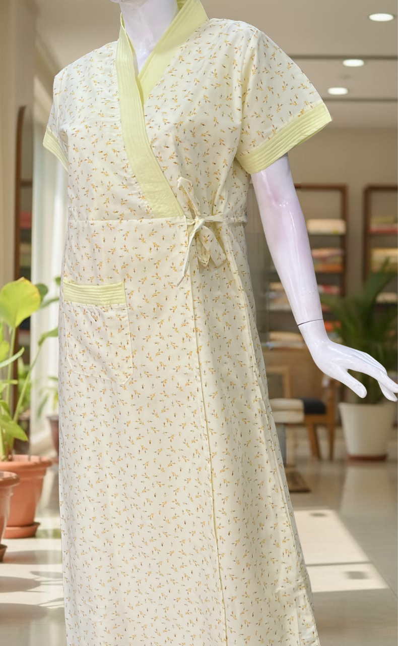 Yellow Leafy 2-Piece Boutique Cotton House Coat & Nighty Set| Laces and Frills