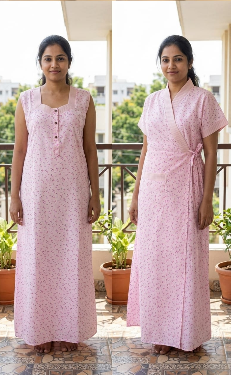 Pink Leafy 2-Piece Boutique Cotton House Coat & Nighty Set| Laces and Frills