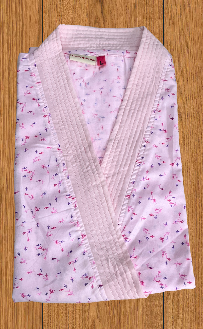 Pink Leafy 2-Piece Boutique Cotton House Coat & Nighty Set| Laces and Frills