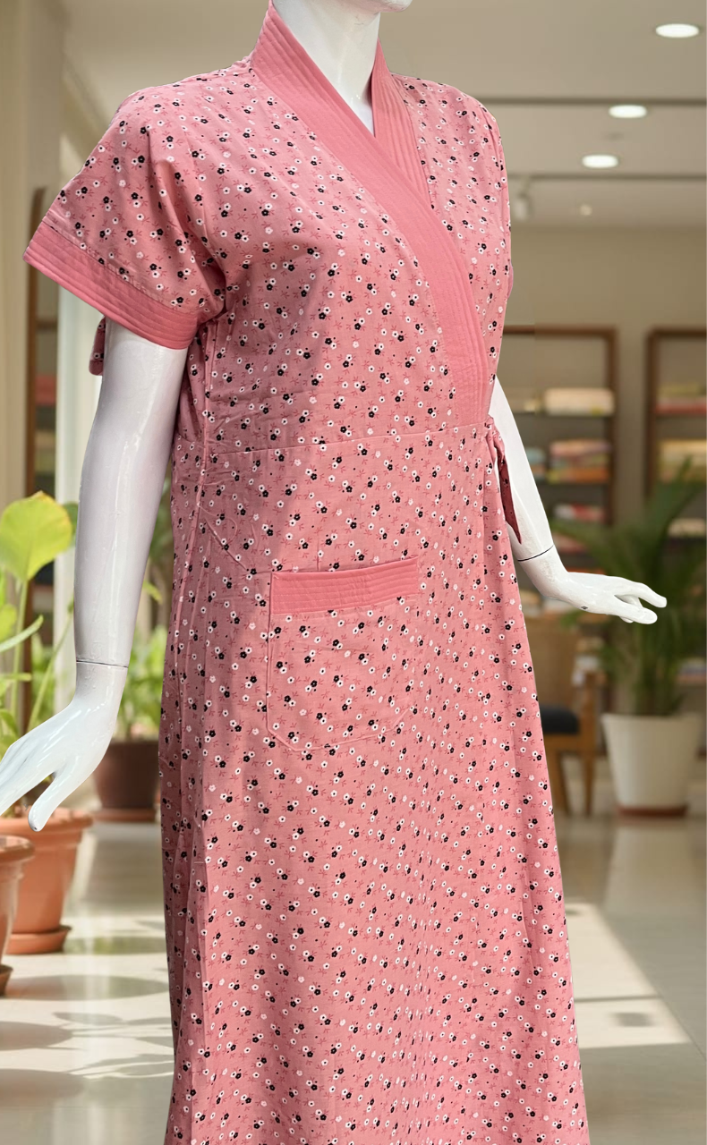 Peach Flora 2-Piece Soft Cotton House Coat & Nighty Set| Laces and Frills