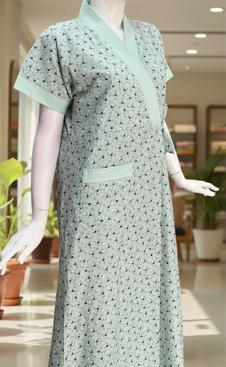 Light Green 2-Piece Soft Cotton House Coat & Nighty Set| Laces and Frills