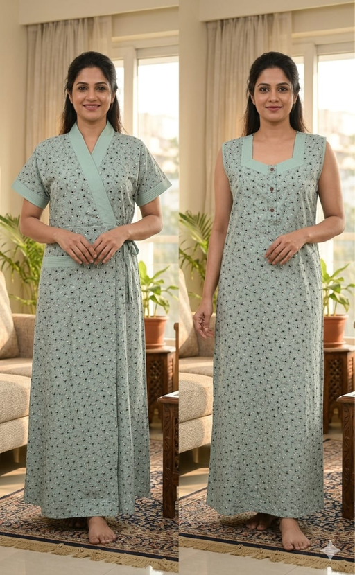 Light Green 2-Piece Soft Cotton House Coat & Nighty Set| Laces and Frills - Laces and Frills