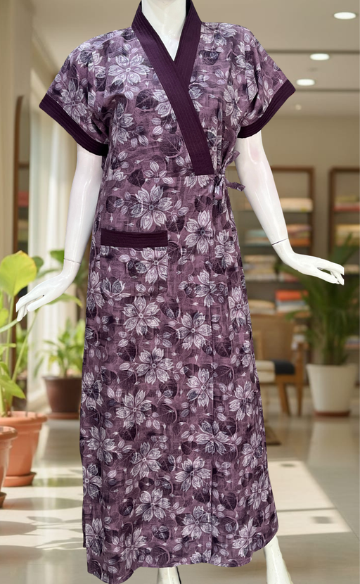 Purple Floral 2-Piece Soft Cotton House Coat & Nighty Set| Laces and Frills