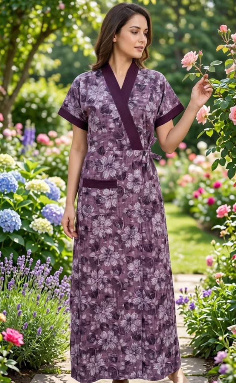 Purple Floral 2-Piece Soft Cotton House Coat & Nighty Set| Laces and Frills - Laces and Frills
