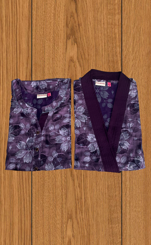 Purple Floral 2-Piece Soft Cotton House Coat & Nighty Set| Laces and Frills