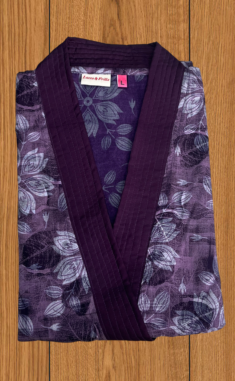 Purple Floral 2-Piece Soft Cotton House Coat & Nighty Set| Laces and Frills