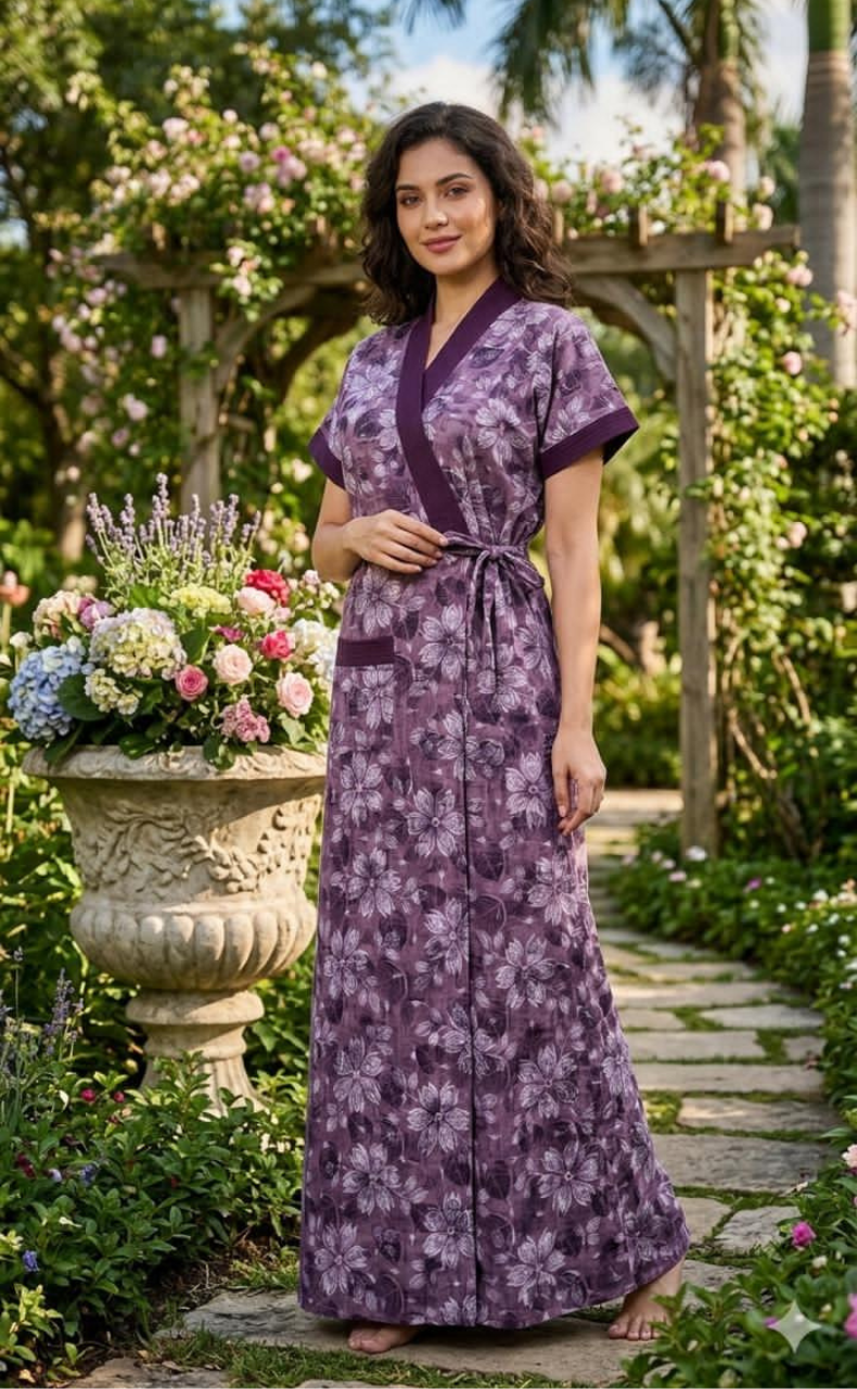 Purple Floral 2-Piece Soft Cotton House Coat & Nighty Set| Laces and Frills - Laces and Frills