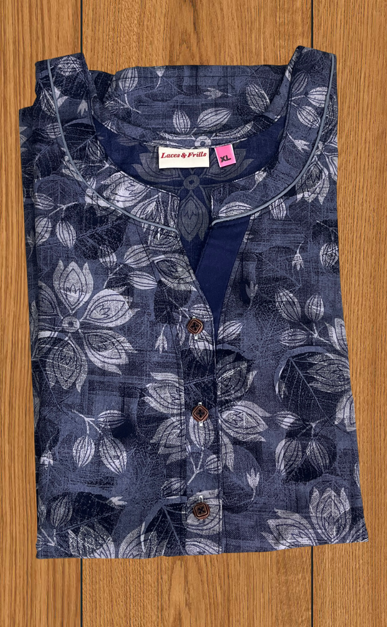 Navy Blue Floral 2-Piece Soft Cotton House Coat & Nighty Set| Laces and Frills