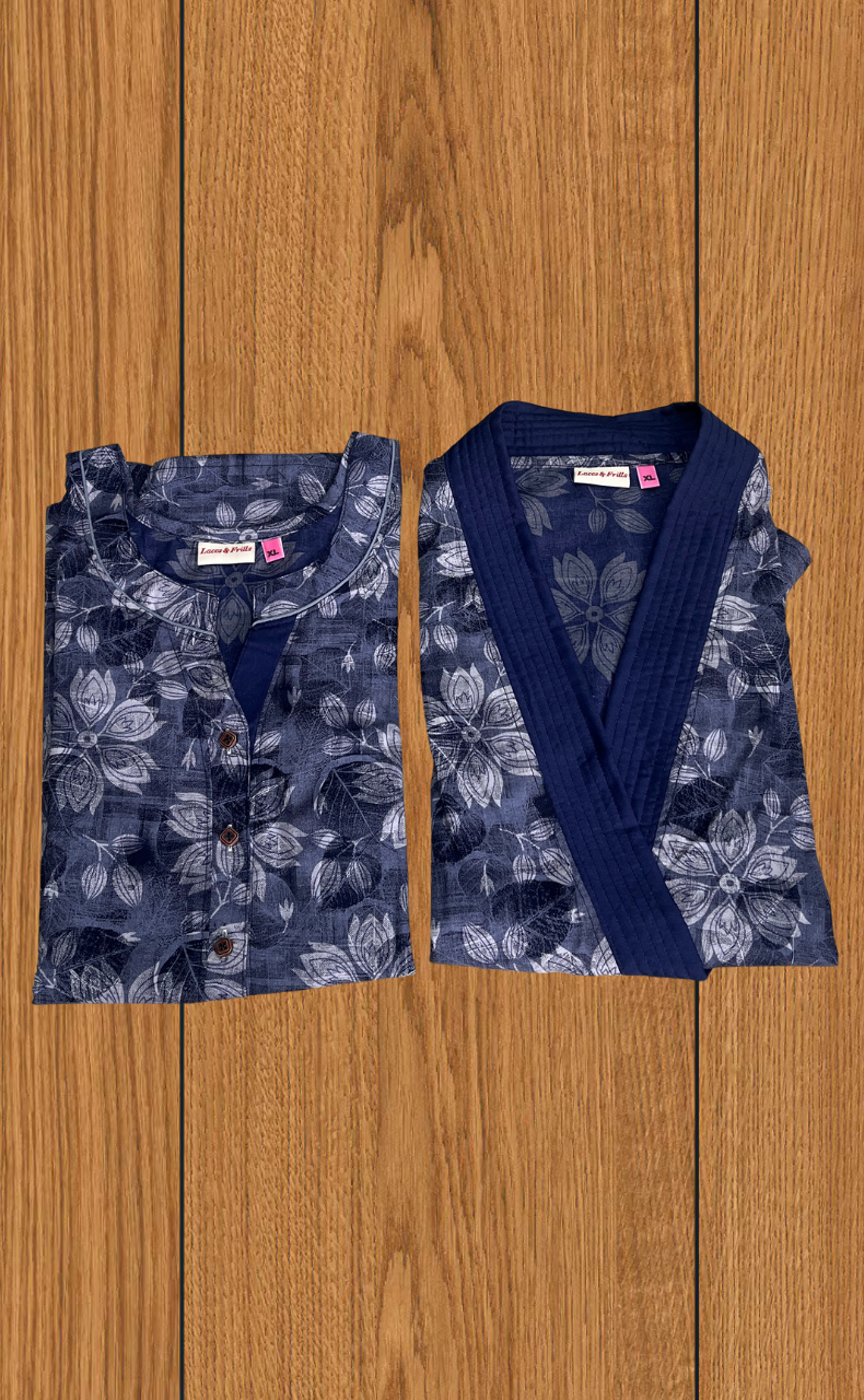 Navy Blue Floral 2-Piece Soft Cotton House Coat & Nighty Set| Laces and Frills