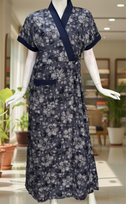 Navy Blue Floral 2-Piece Soft Cotton House Coat & Nighty Set| Laces and Frills