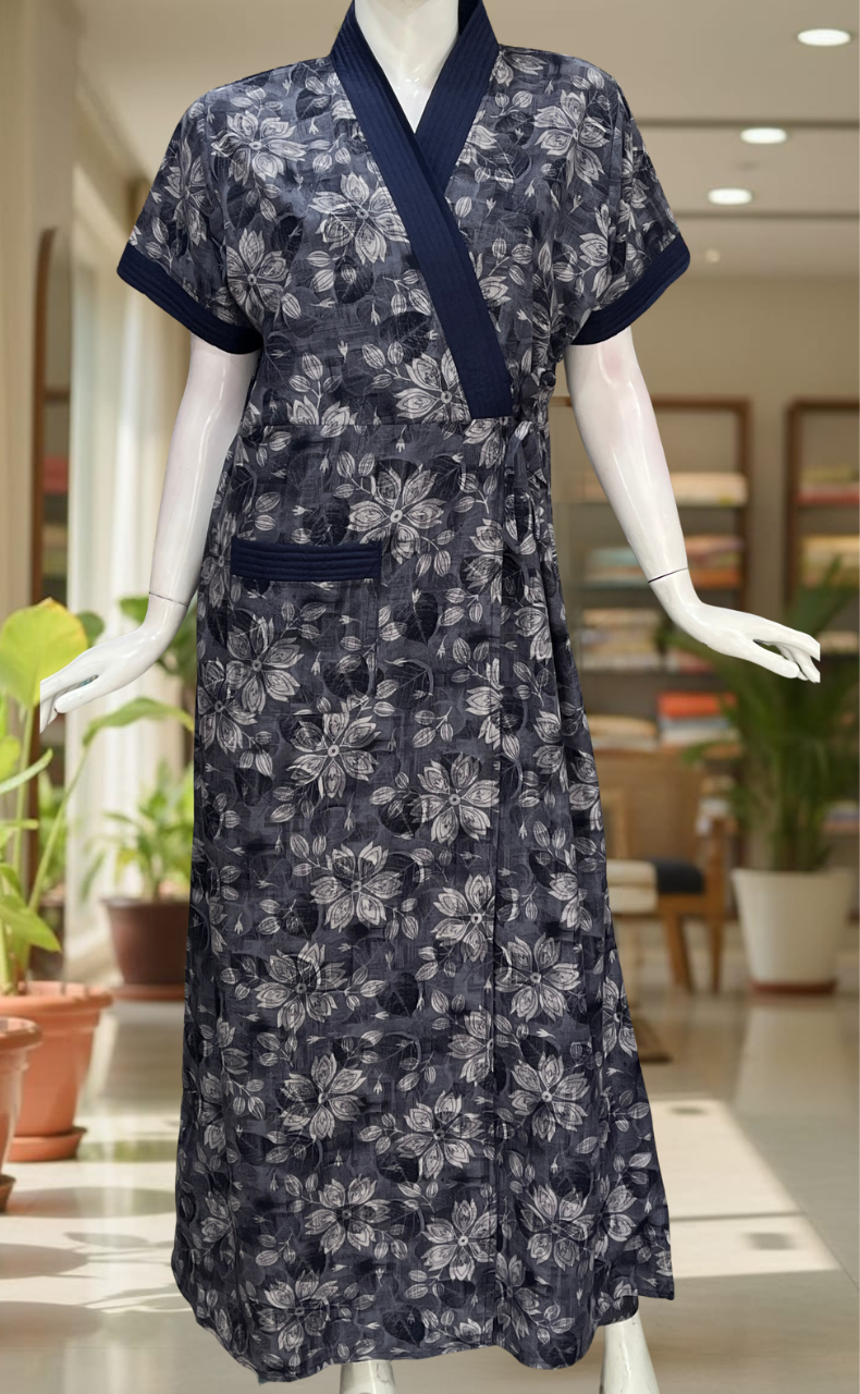 Navy Blue Floral 2-Piece Soft Cotton House Coat & Nighty Set| Laces and Frills