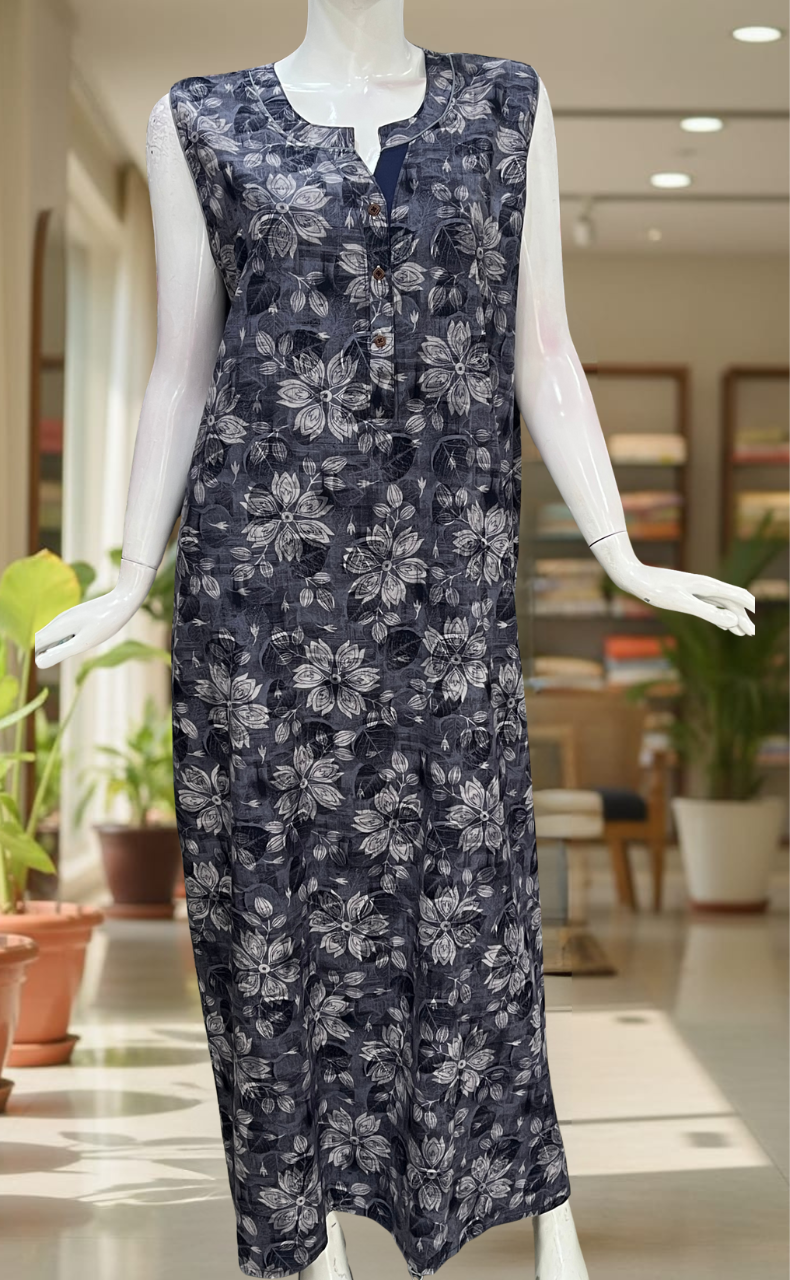 Navy Blue Floral 2-Piece Soft Cotton House Coat & Nighty Set| Laces and Frills