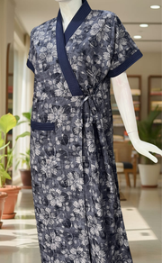 Navy Blue Floral 2-Piece Soft Cotton House Coat & Nighty Set| Laces and Frills