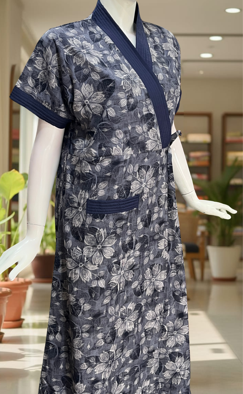 Navy Blue Floral 2-Piece Soft Cotton House Coat & Nighty Set| Laces and Frills