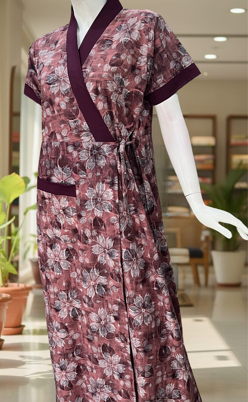 Peach Floral 2-Piece Soft Cotton House Coat & Nighty Set| Laces and Frills