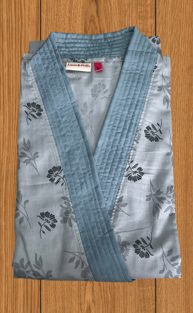 Grey Floral 2-Piece Soft Cotton House Coat & Nighty Set| Laces and Frills