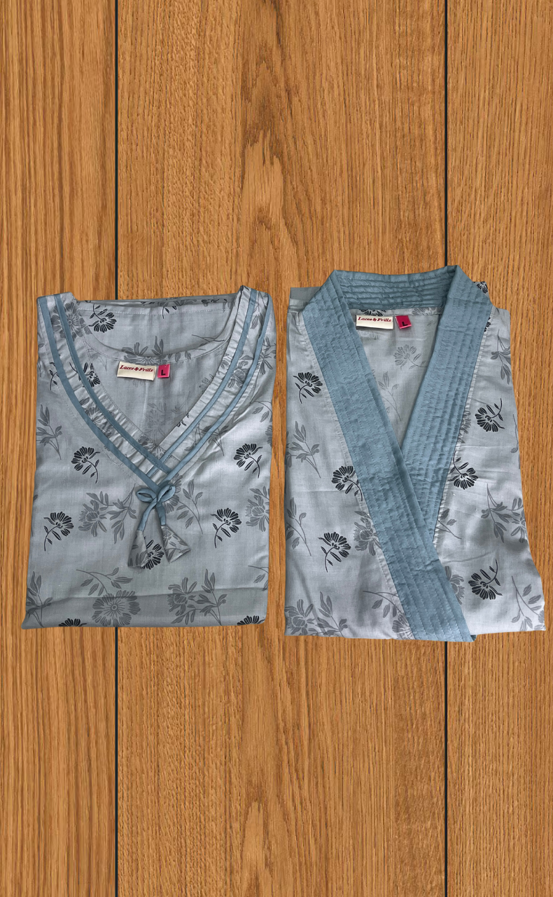 Grey Floral 2-Piece Soft Cotton House Coat & Nighty Set| Laces and Frills