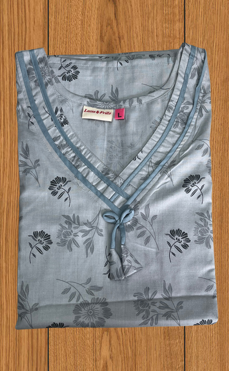 Grey Floral 2-Piece Soft Cotton House Coat & Nighty Set| Laces and Frills