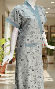 Grey Floral 2-Piece Soft Cotton House Coat & Nighty Set| Laces and Frills