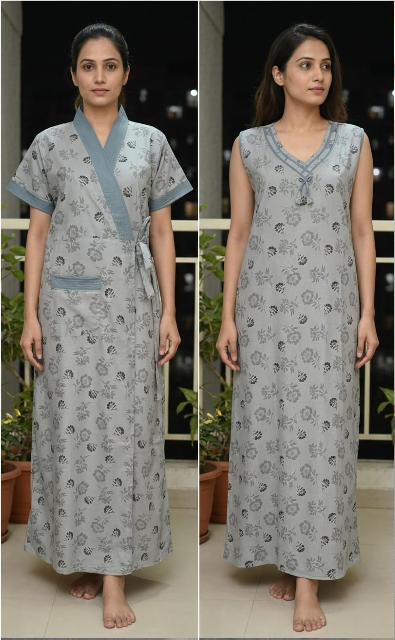 Grey Floral 2-Piece Soft Cotton House Coat & Nighty Set| Laces and Frills