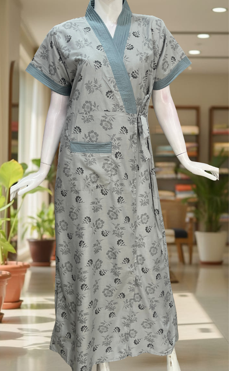 Grey Floral 2-Piece Soft Cotton House Coat & Nighty Set| Laces and Frills