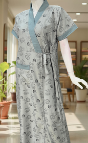 Grey Floral 2-Piece Soft Cotton House Coat & Nighty Set| Laces and Frills
