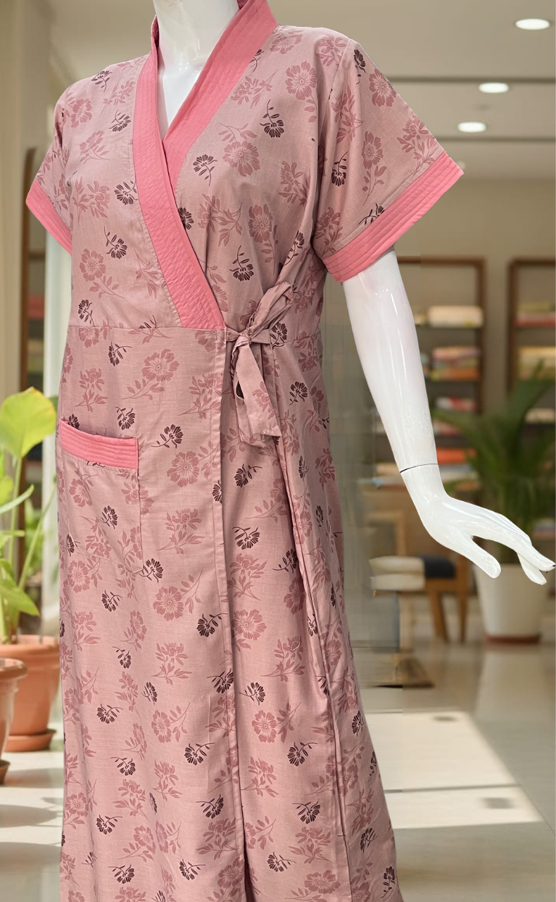 Light Pink Floral 2-Piece Soft Cotton House Coat & Nighty Set| Laces and Frills
