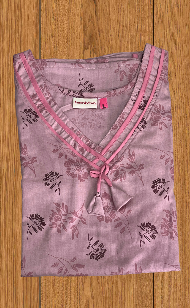 Light Pink Floral 2-Piece Soft Cotton House Coat & Nighty Set| Laces and Frills