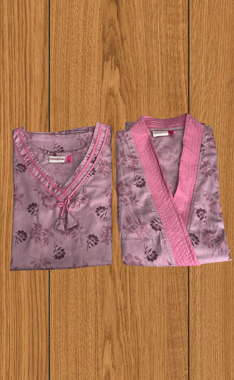 Light Pink Floral 2-Piece Soft Cotton House Coat & Nighty Set| Laces and Frills