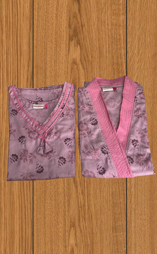 Light Pink Floral 2-Piece Soft Cotton House Coat & Nighty Set| Laces and Frills