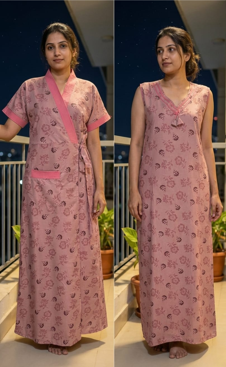Light Pink Floral 2-Piece Soft Cotton House Coat & Nighty Set| Laces and Frills