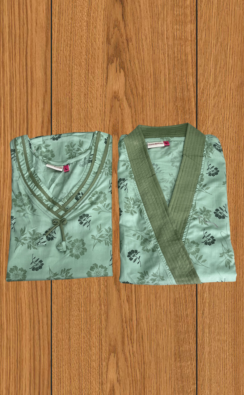 Pista Green Floral 2-Piece Soft Cotton House Coat & Nighty Set| Laces and Frills