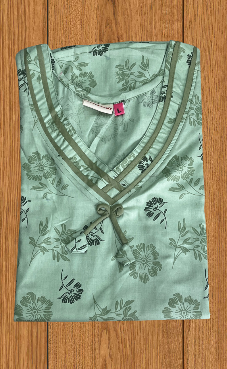 Pista Green Floral 2-Piece Soft Cotton House Coat & Nighty Set| Laces and Frills