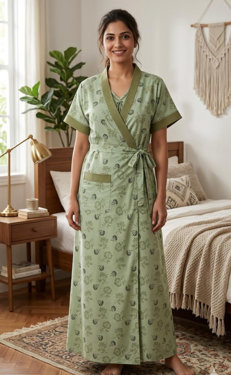 Pista Green Floral 2-Piece Soft Cotton House Coat & Nighty Set| Laces and Frills - Laces and Frills
