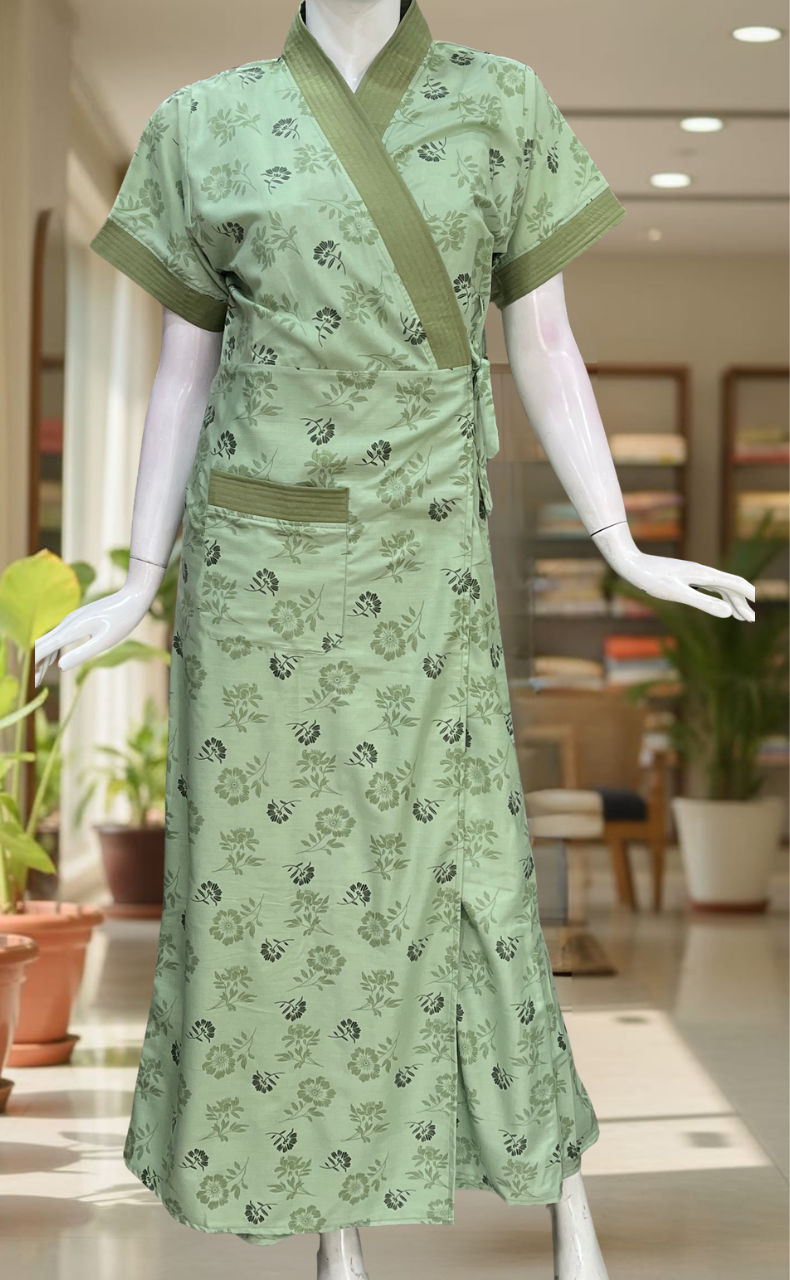 Pista Green Floral 2-Piece Soft Cotton House Coat & Nighty Set| Laces and Frills