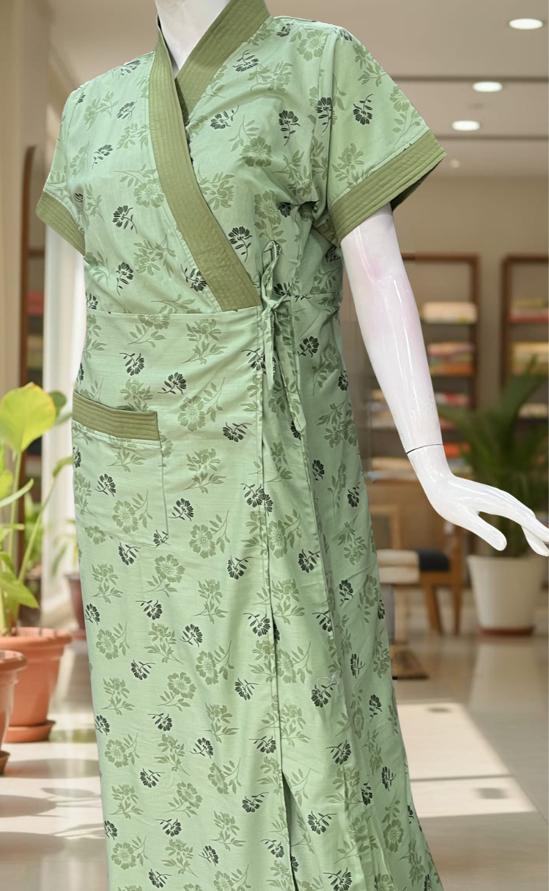 Pista Green Floral 2-Piece Soft Cotton House Coat & Nighty Set| Laces and Frills