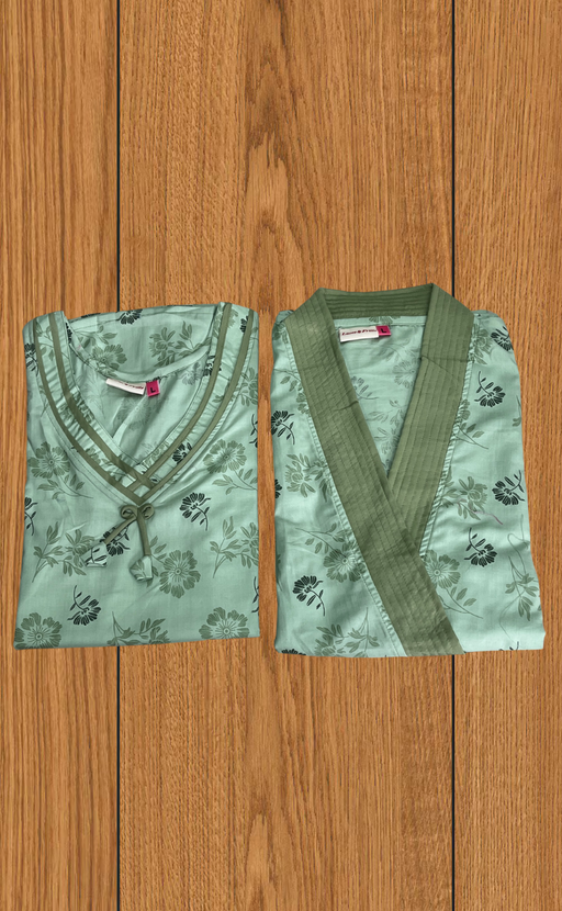 Pista Green Floral 2-Piece Soft Cotton House Coat & Nighty Set| Laces and Frills