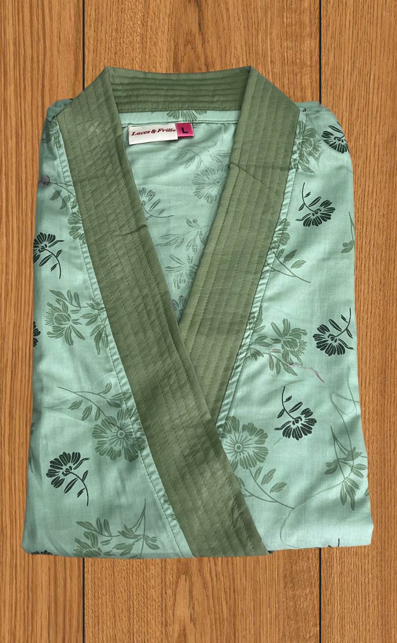 Pista Green Floral 2-Piece Soft Cotton House Coat & Nighty Set| Laces and Frills