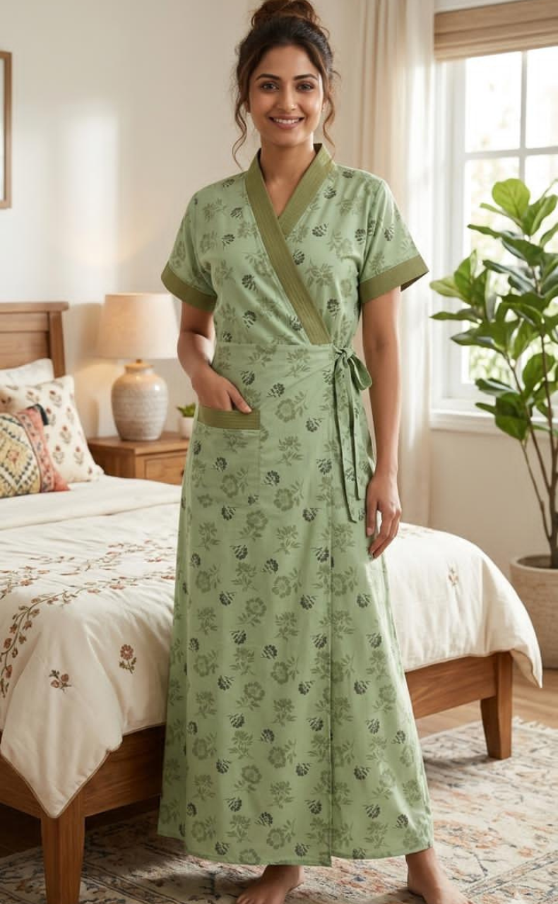 Pista Green Floral 2-Piece Soft Cotton House Coat & Nighty Set| Laces and Frills - Laces and Frills