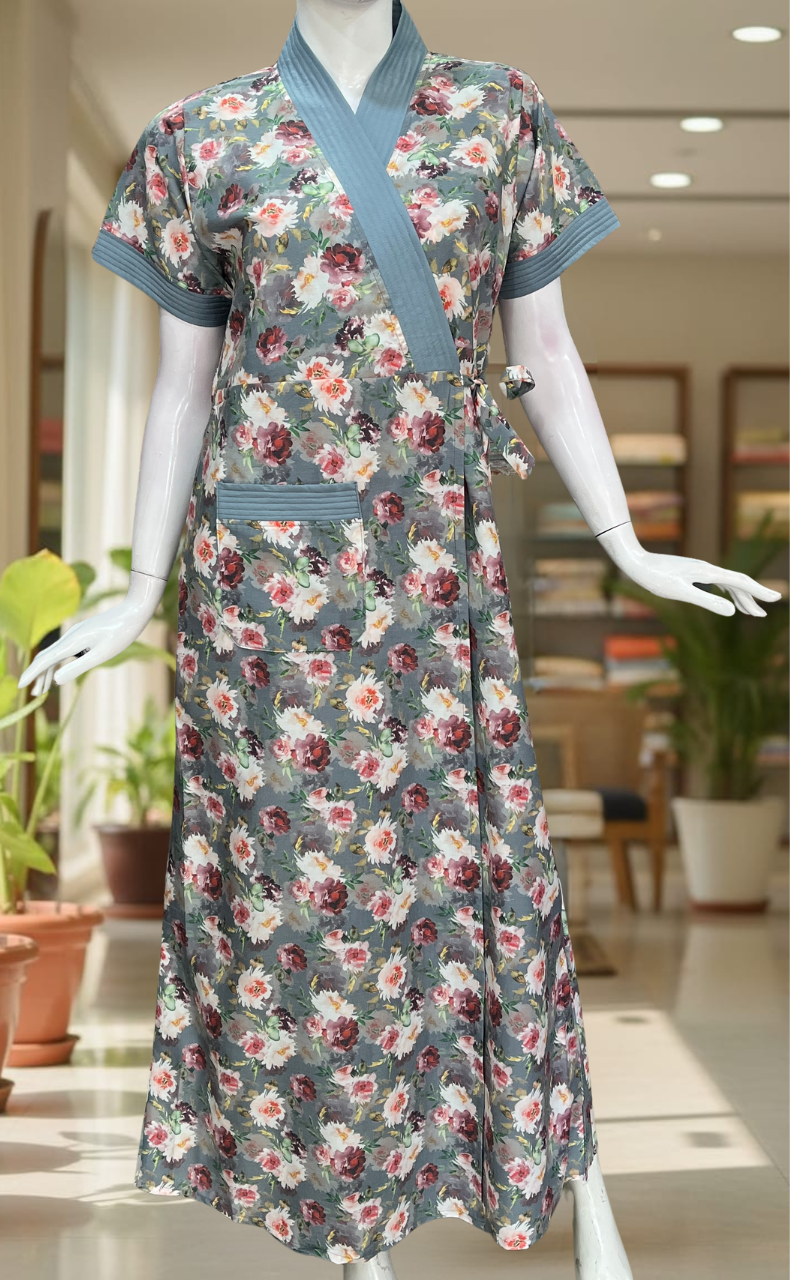 Grey Garden 2-Piece Soft Cotton House Coat & Nighty Set| Laces and Frills