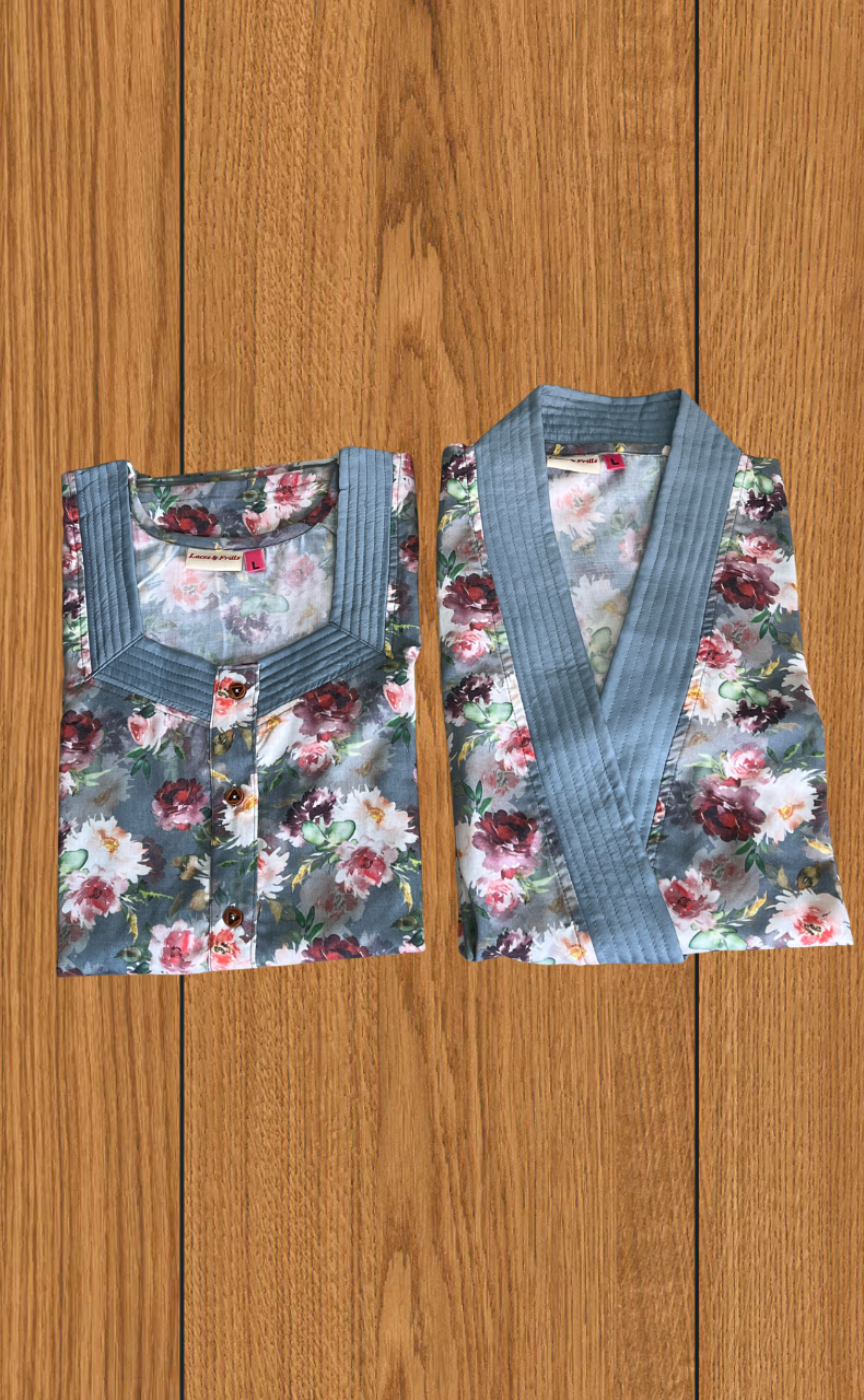 Grey Garden 2-Piece Soft Cotton House Coat & Nighty Set| Laces and Frills