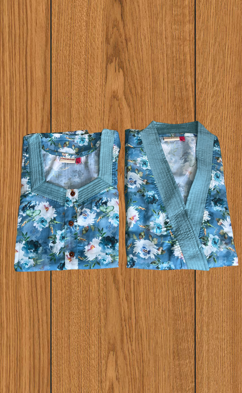 Sky Blue Garden 2-Piece Soft Cotton House Coat & Nighty Set| Laces and Frills