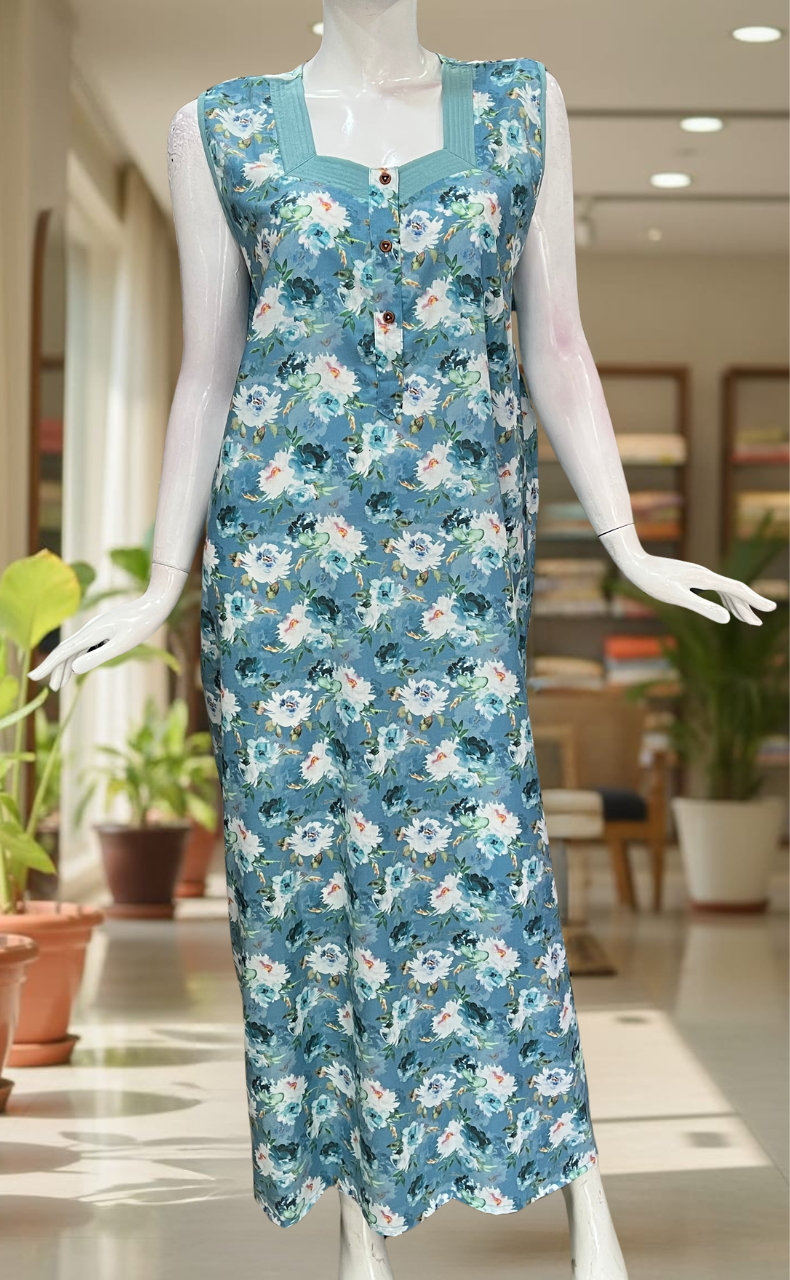 Sky Blue Garden 2-Piece Soft Cotton House Coat & Nighty Set| Laces and Frills