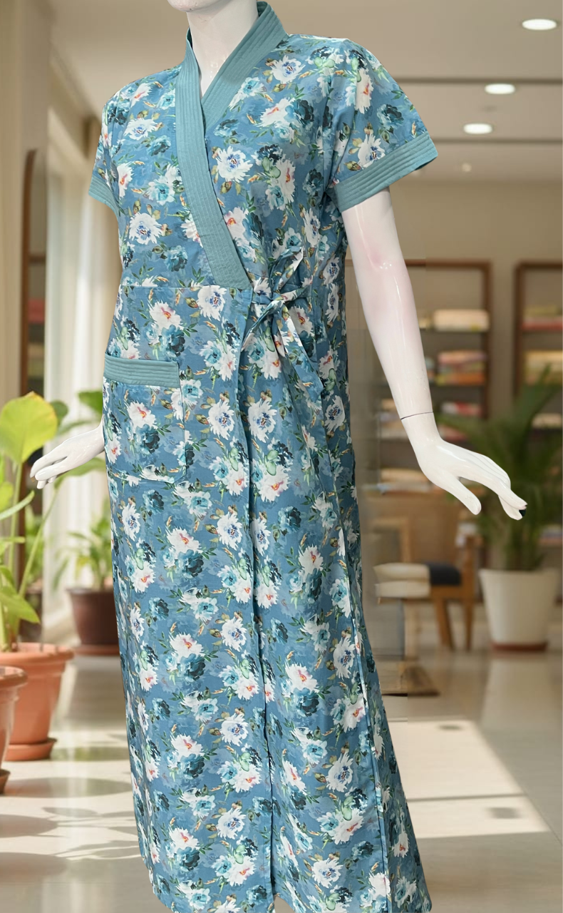 Sky Blue Garden 2-Piece Soft Cotton House Coat & Nighty Set| Laces and Frills
